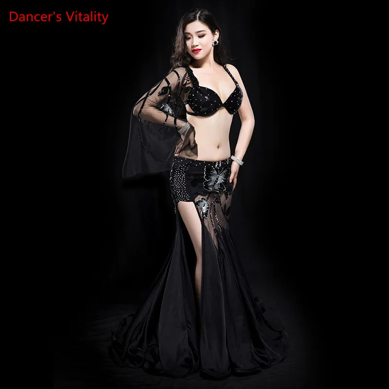 Women Lady Belly Dance Single Sleeve Bra Perspective Skirt Set Competition Performance Clothes Girls Indian Oriental Dancewear |