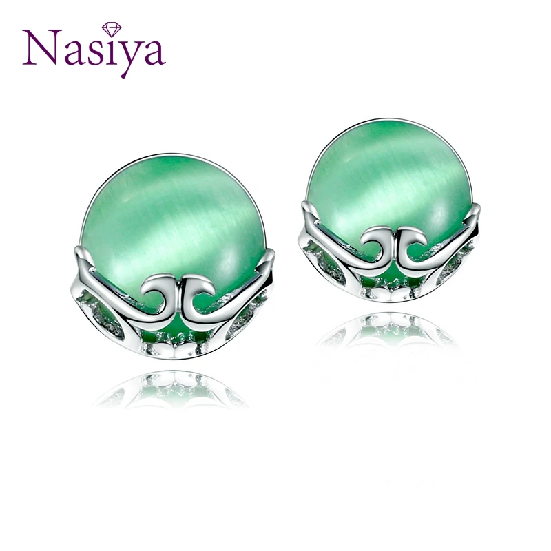 Nasiya S925 Стерлинговое Серебро серьги-гвоздики Полые зеленые кошачий глаз серьги-гвоздики милые корейские свадебные подарки на день Святого Валентина
