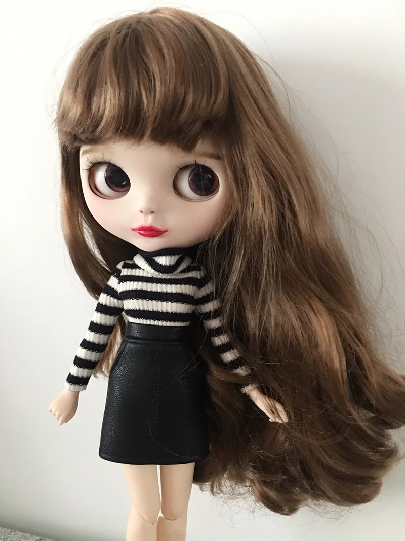 New Fashion Blyth Doll Clothes Stripe Shirt+Leather Skirt for Dress outfit Set ob24 azone s blyth doll Accessories | Игрушки и хобби