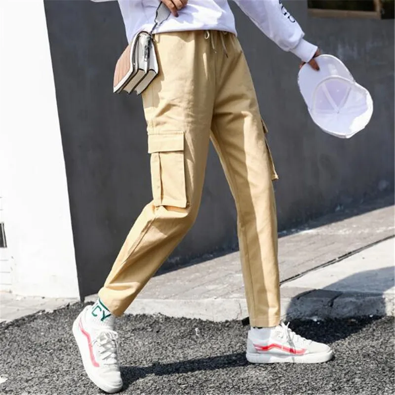 

WKOUD 2019 Solid Women Cargo Pants Fashion Loose Streetpants Hiphop High Waist Pants Sweatpants Candy Color Trousers P8996