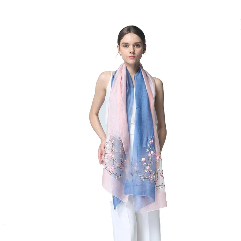 

Hot Sale New summer brand real silk wool scarf elegant gradient large breathable thin silk scarves embroidered shawls