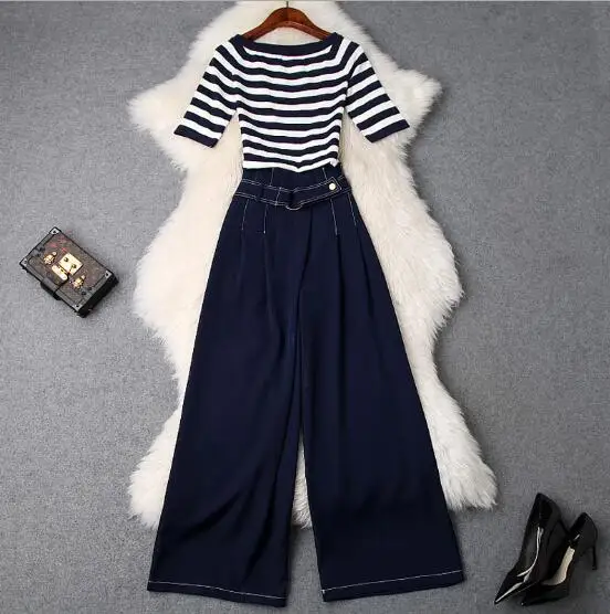 2019 spring and summer women's new off-the-shoulder collar striped sweater + high waist wide leg pants Tfashion suitT3432