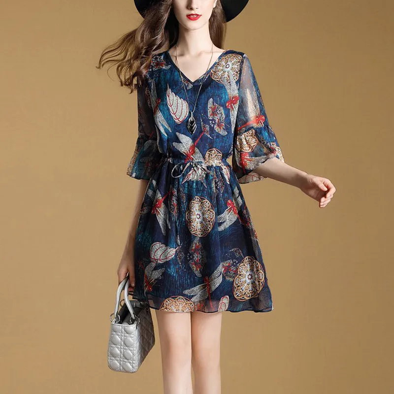 Для женщин платье элегантные большие размеры 2018 летнее sexy Цветочный Винтаж Труба