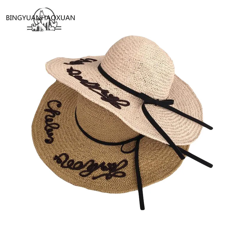 

2018 Fashion Women Sun Hats Wide Large Brim Floppy Summer Beach Straw Cap with Bow Letters Hat For Gilrs