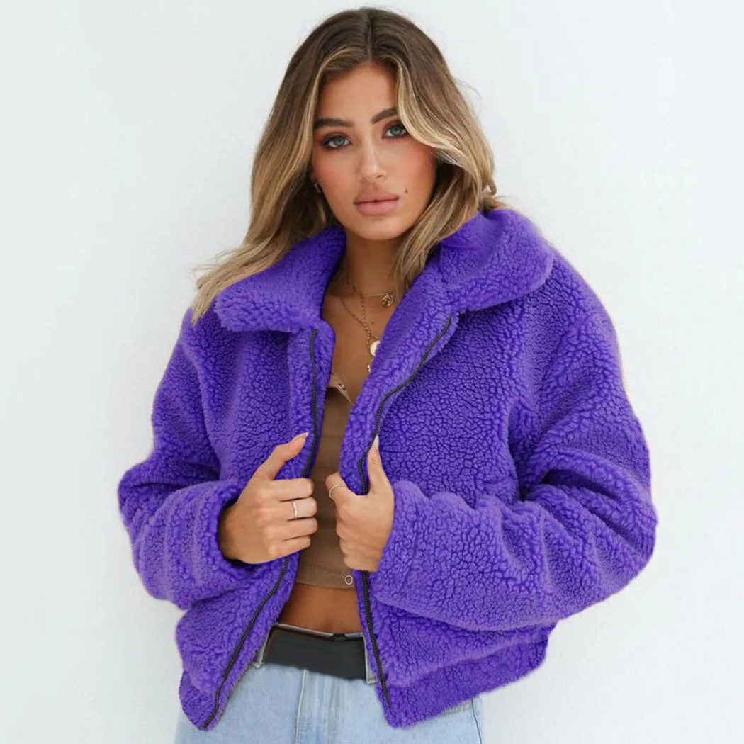 Purple Fluffy женское пушистое пальто из искусственного меха зимняя плюшевая флисовая Толстая теплая лохматая куртка пальто Женская куртка с лацканами на молнии Верхняя одежда Casaco - Цвет: Purple