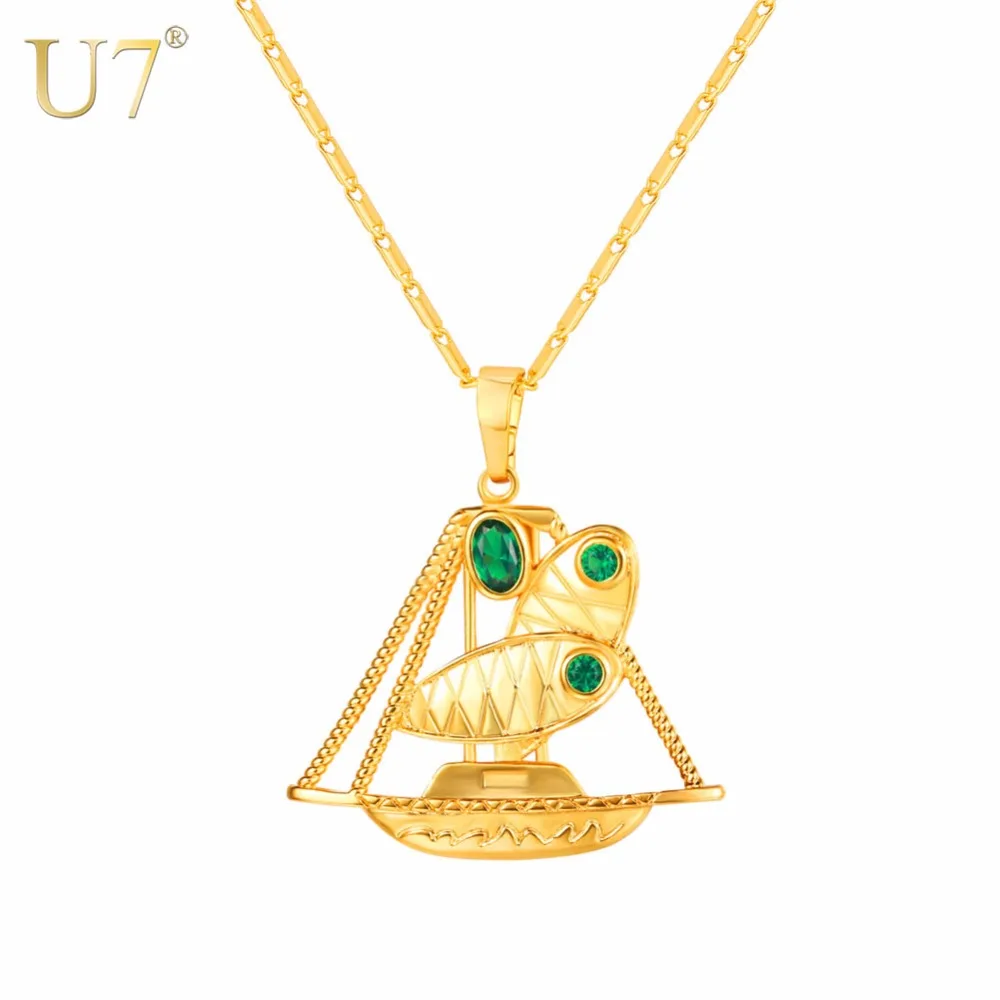 

U7 Necklace Green CZ Lakatoi Canoe Pendant & Chain Gold Color Gift For Women/Men Papua New Guinea PNG Jewelry Necklaces P1154
