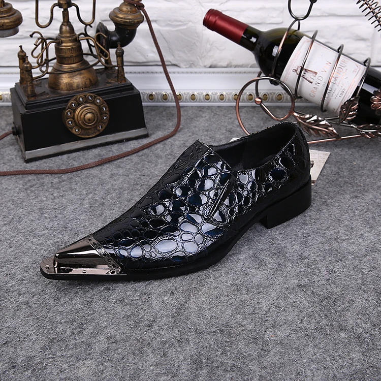 Western Style Pointed Metal Toe Men Dress Shoes Slip On Oxford For Snakeskin Pattern Zapatos Hombre Flat Chaussures | Обувь