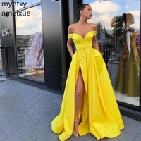 new custom sexy yellow prom dresses off the shoulder simple satin front split gowns long women formal party cheap robe de soiree