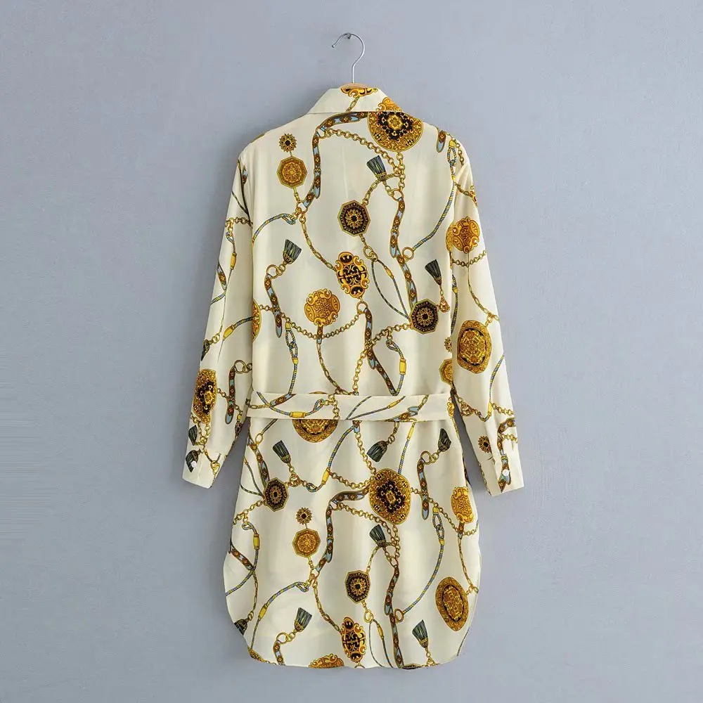 Женское винтажное платье рубашка с принтом цепей прямое бантом и поясом