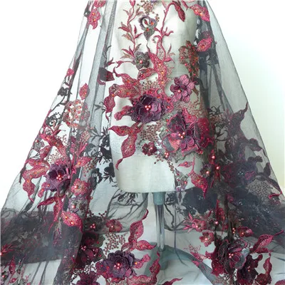 wine red Нежное Красное вино/черный 3D цветок вышитый тюль сетка ткань Блестки жемчуг бисером свадебное платье ткань 12 шт. аппликации - Цвет: wine red