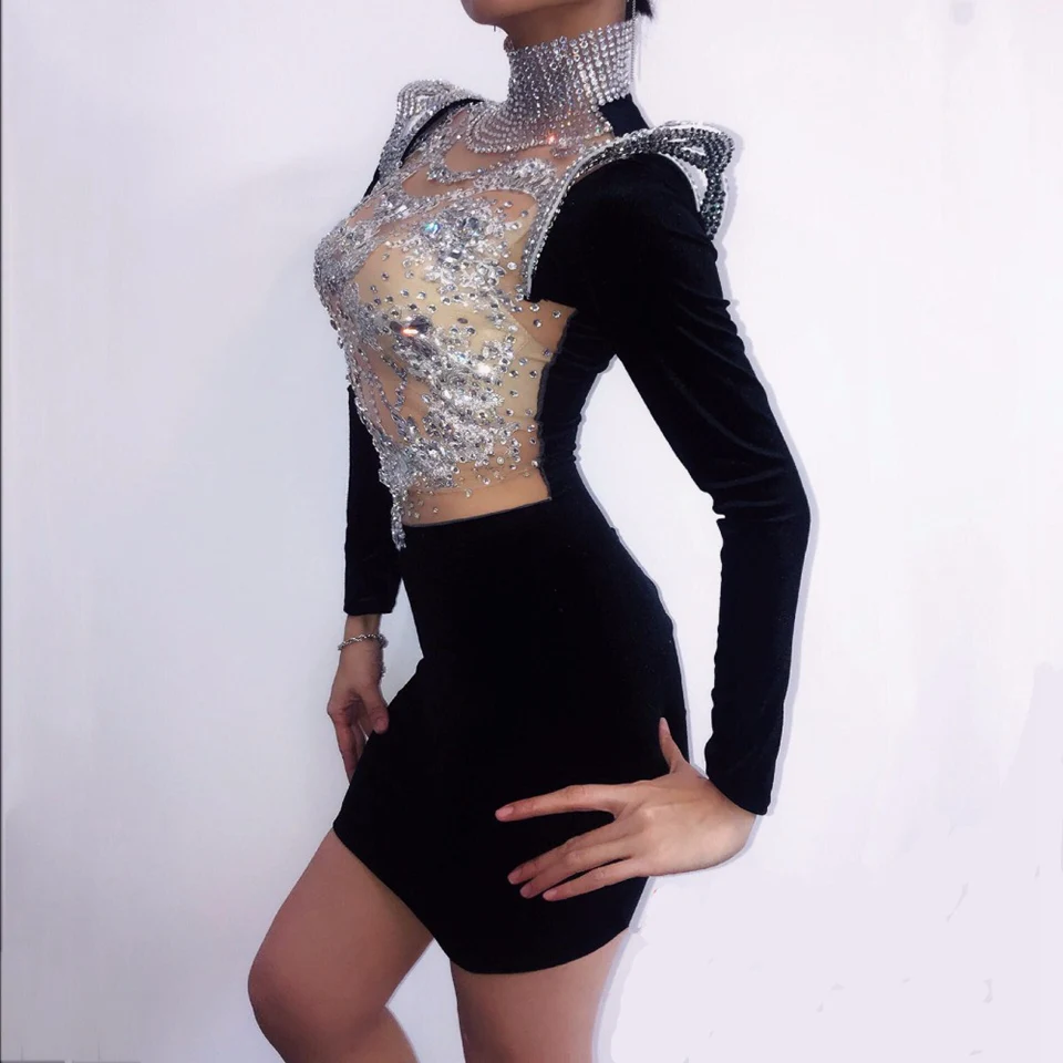 Sexy Crystals Women Dress DJ DS costume Singer Dancer party performance nightclub bar Model catwalk see-through one piece dress |