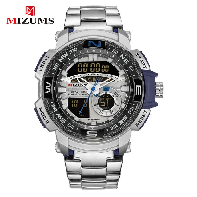 blue MIZUMS, военные наручные часы, светодиодный, цифровые, спортивные часы для мужчин, золото, нержавеющая сталь, ремешок, двойное время, кварцевые часы для мужчин, Relogio Masculino - Цвет: blue