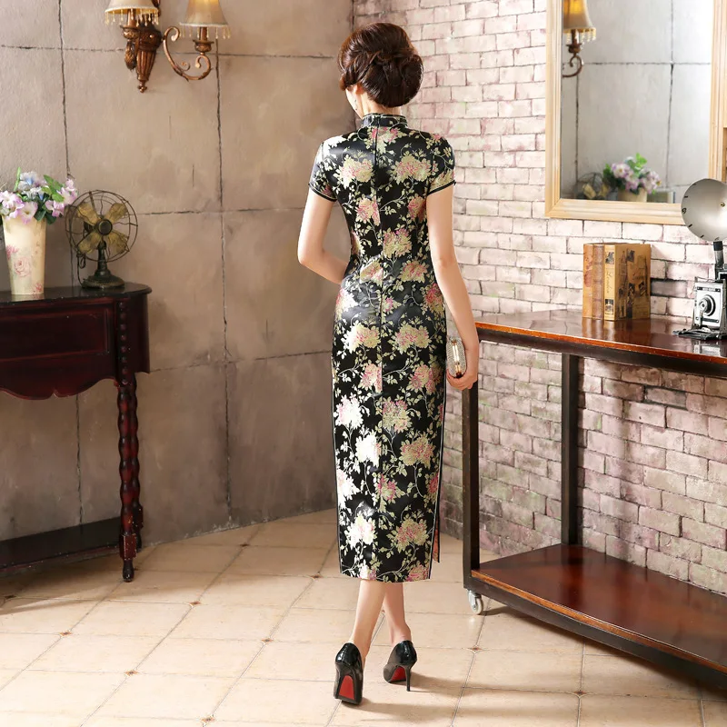 Летнее женское длинное китайское традиционное платье Vintga Cheongsam шелковое