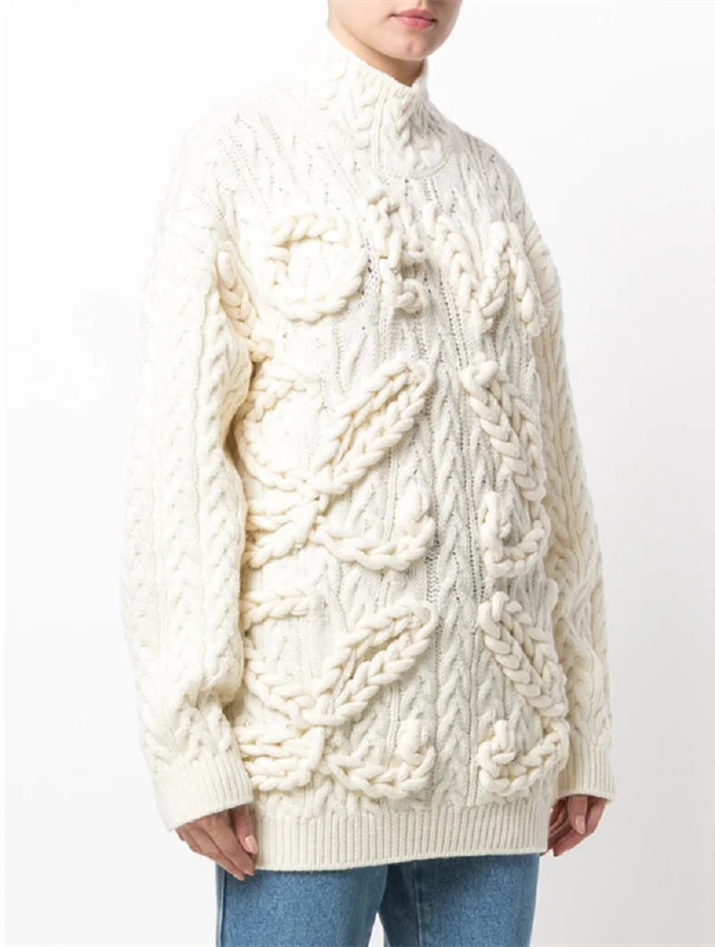 Aoshe Turtleneck Pullover 2018 Winter Thick 3D Twist Crochet Loose Cool Long Knitted Sweaters Women Batwing Sleeve Jumper | Женская