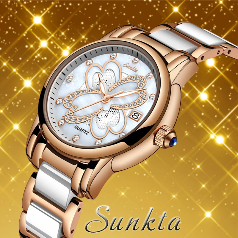 SUNKTA новые женские часы креативные керамические с браслетом Montre Femme +