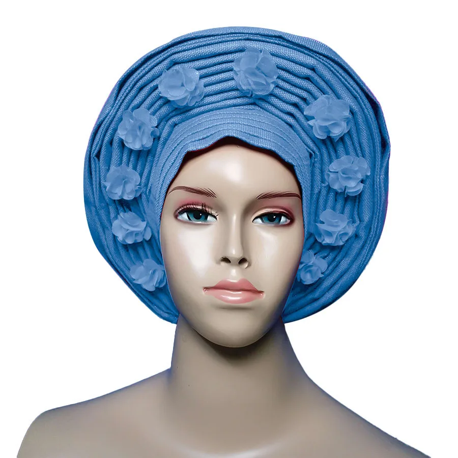 blue ASO OKE gele с бусинами тюрбан в африканском стиле в авто gele - Цвет: blue