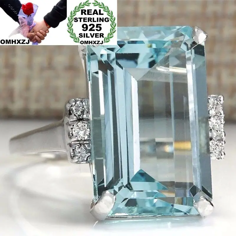 OMHXZJ Wholesale European Fashion Woman Man Party Wedding Gift Silver Blue Rectangle Topaz  925 Sterling Silver Ring RR118