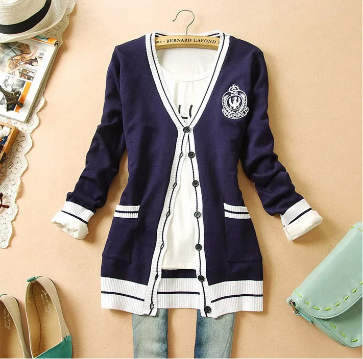 2017 Spring and autumn fashion slim medium-long brief all-match navy blue cardigan thin sweater outerwear female |