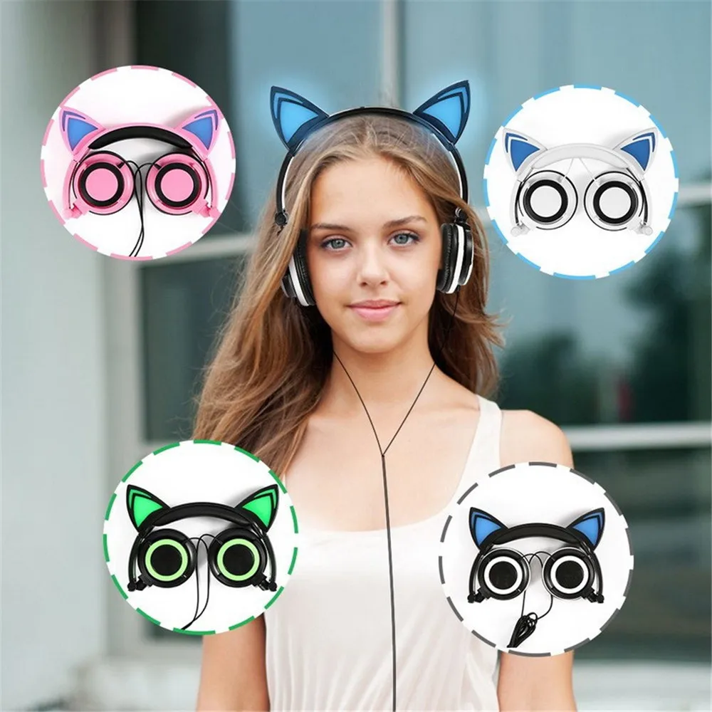 Складные мигающие светящиеся кошачьи наушники Проводная видео игровая