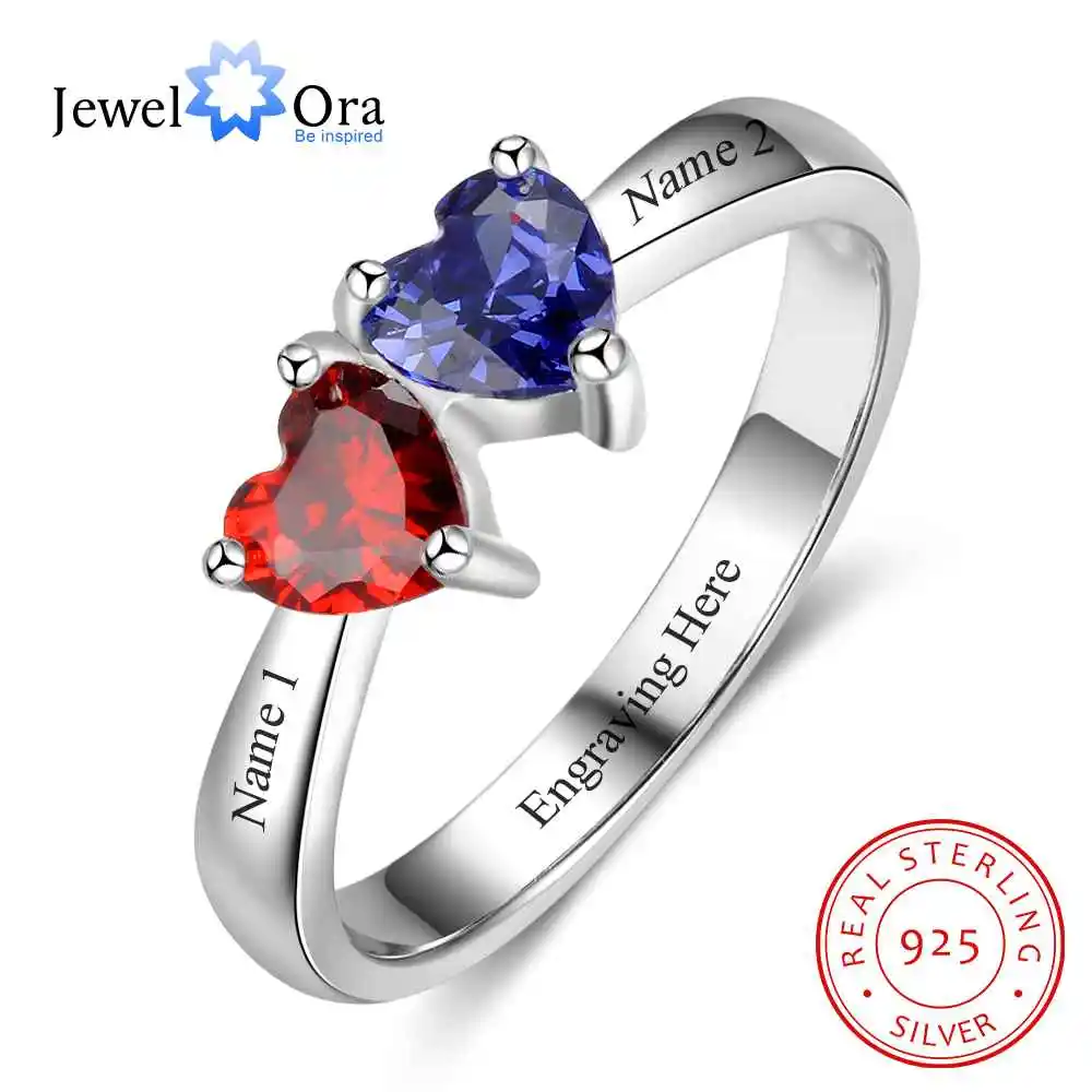 

Double Heart Personalized Ring Custom Engrave Names & Birthstone Promise Rings 925 Sterling Silver Jewelry (JewelOra RI103274)