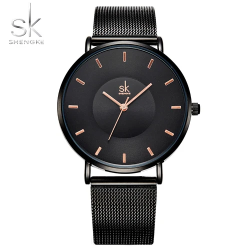 Black Shengke Роскошные брендовые кварцевые женские часы модные сетчатые часы из нержавеющей стали женский браслет водонепроницаемые наручные часы Relojes Mujer - Цвет: Black