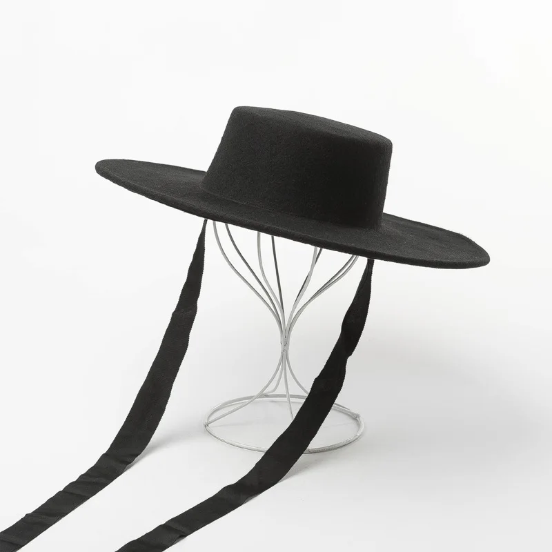 01906-HH8142 autumn winter FLAT jazz cap wool long black ribbon fedoras cap men women leisure panama hat