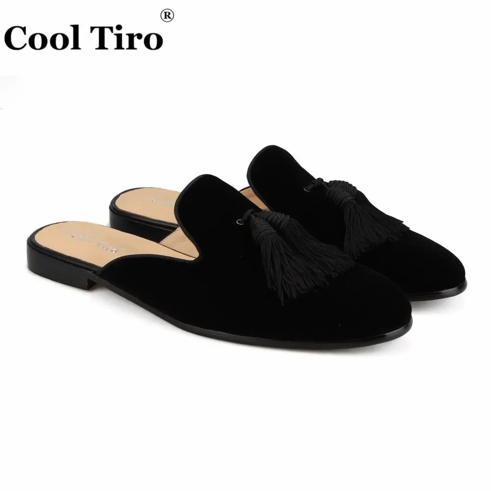 Cool Tiro/черные бархатные Mules кисточкой Для мужчин тапочки без застежки на Туфли без каблуков велюр обувь ручной работы Повседневное; натуральная кожа; стильные