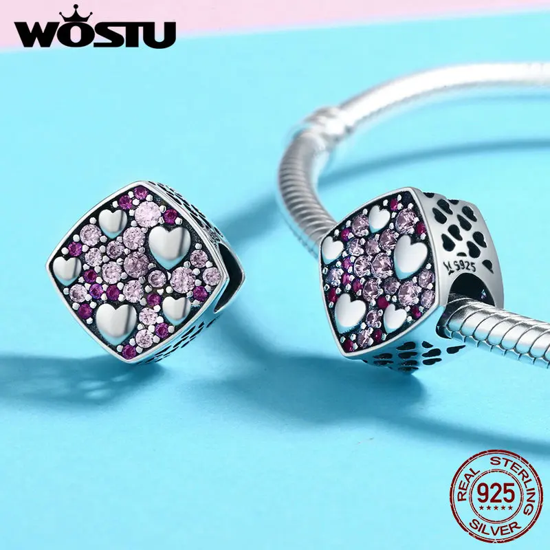 WOSTU бренд серебряные бусины 925 пробы квадратное сердце розовые кристаллические очаровательные Бусины Подходит для женщин браслет S925 серебряные ювелирные изделия CQC471