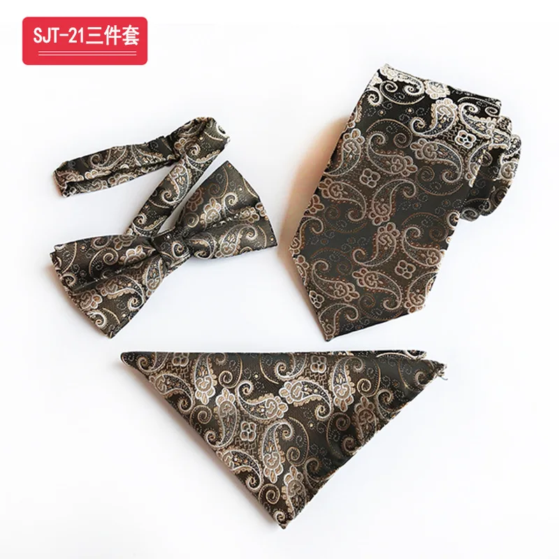 SJT-21 Charm Dark Blue Background Purple Paisley Ties&Bow Tie&Hanky Set Luxury Purple Jacquard Wedding Gift - Цвет: SJT-21