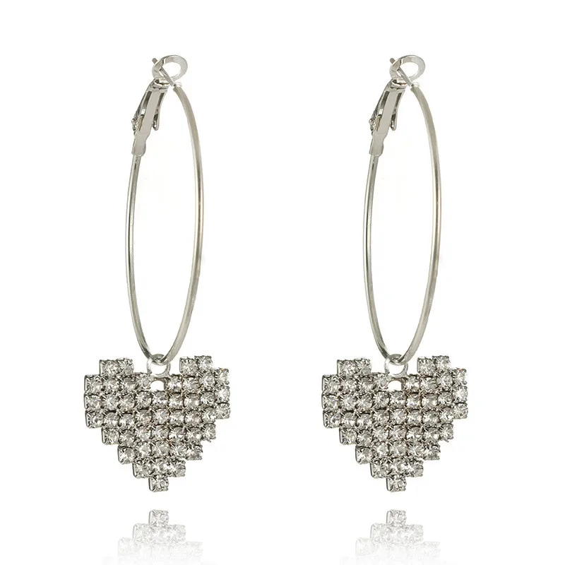 New European and American Style Fashion Simple Personality Alloy Large Circle Mosaic Crystal Heart Earrings for Women | Украшения и