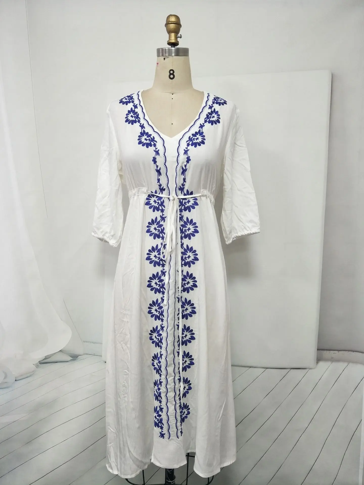 

Women's Bohemian Dresses 2021 Rayon Floral Embroidery Loose Dress V-neck White Elegant Dress Oversized Long Gothic Robes Boho