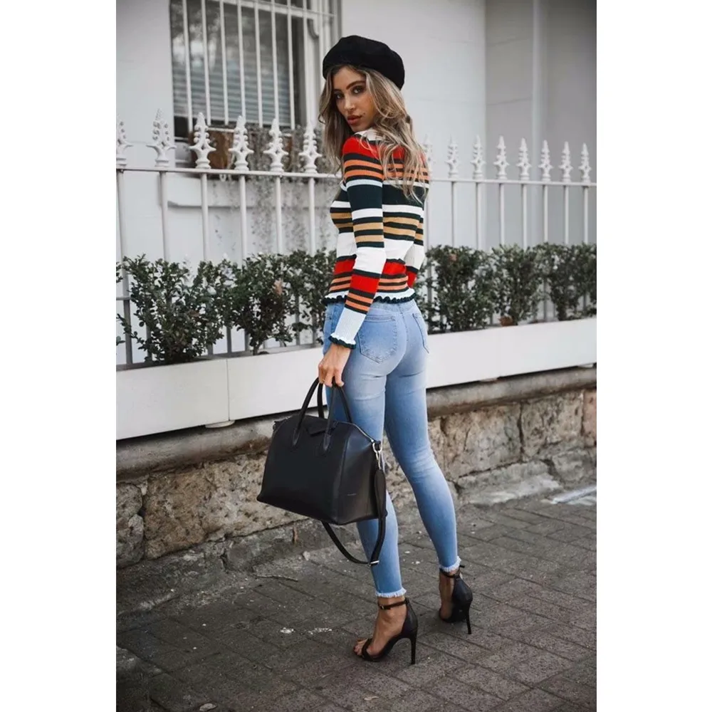 Colorful Stripe Woollen Sweater Fashion 2018 Sweaters Women Clothes Super Elastic Autumn Knitting Winter Tops Rainbow | Женская одежда