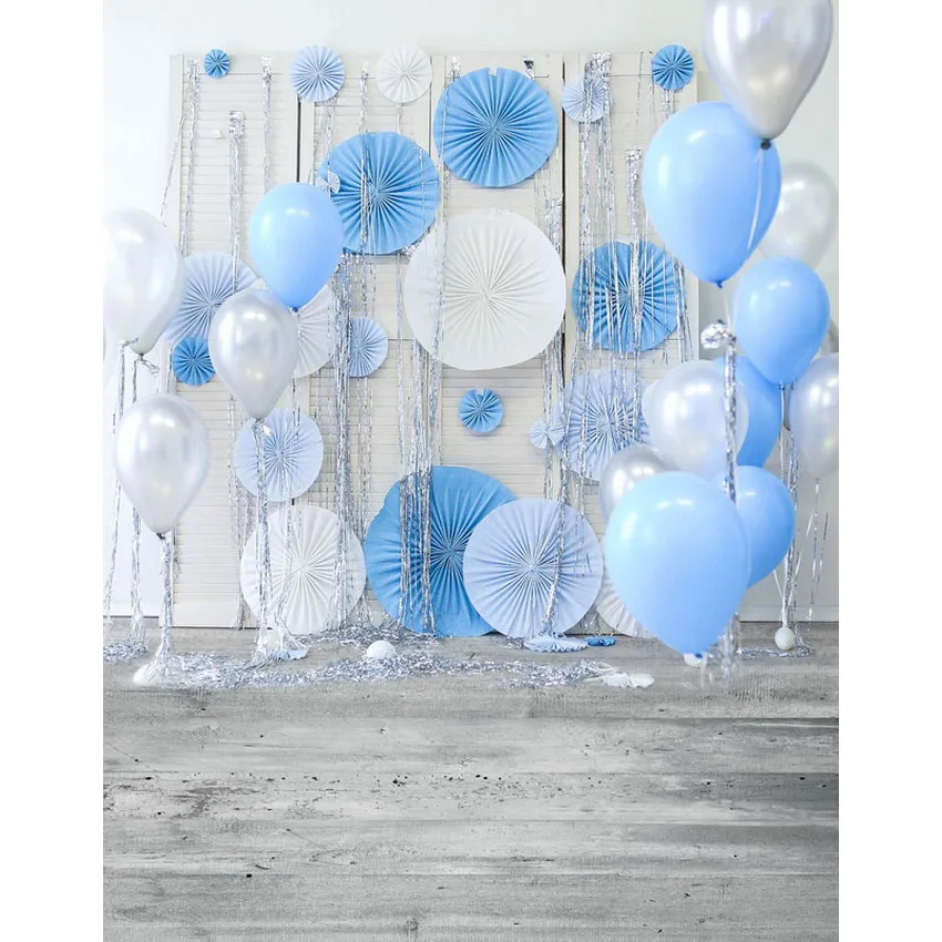 

TR Vinyl Backdrop for Photography Blue and White Birthday Balloons for Boy Grey Wood Floor Newborn Photography Background Custom