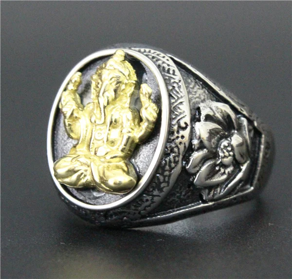 Wonderful Design Golden Ganesh Lotus Elephant Ring 316L Stainless Steel Cool Punk Amazing | Украшения и аксессуары