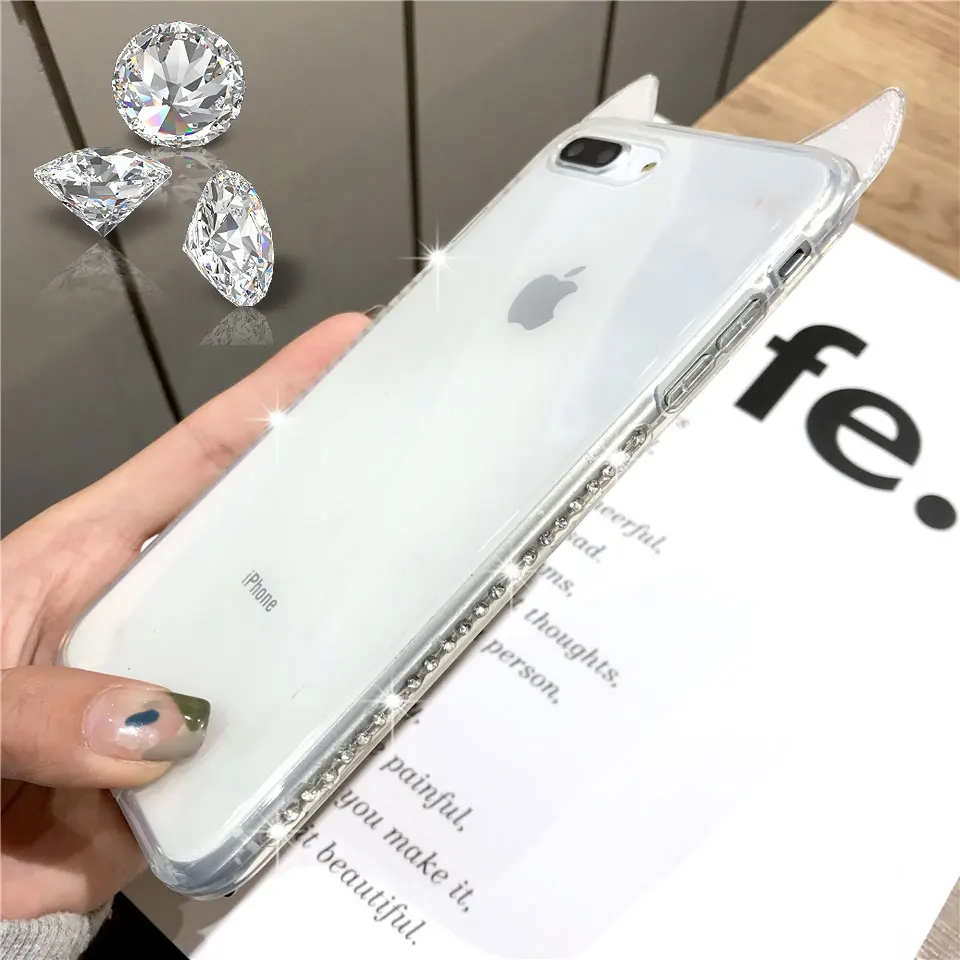 For iphone 7 Plus Cover Cartoon Cat Ears Texture Diamond Case TPU Silicone Glitter Bling XS MAX XR 6 6s 8 X Phone Cases |