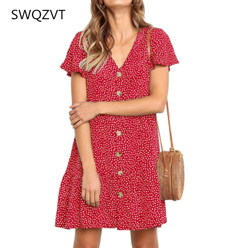 2019 летнее женское платье с принтом коротким рукавом свободное рюшами Дамское