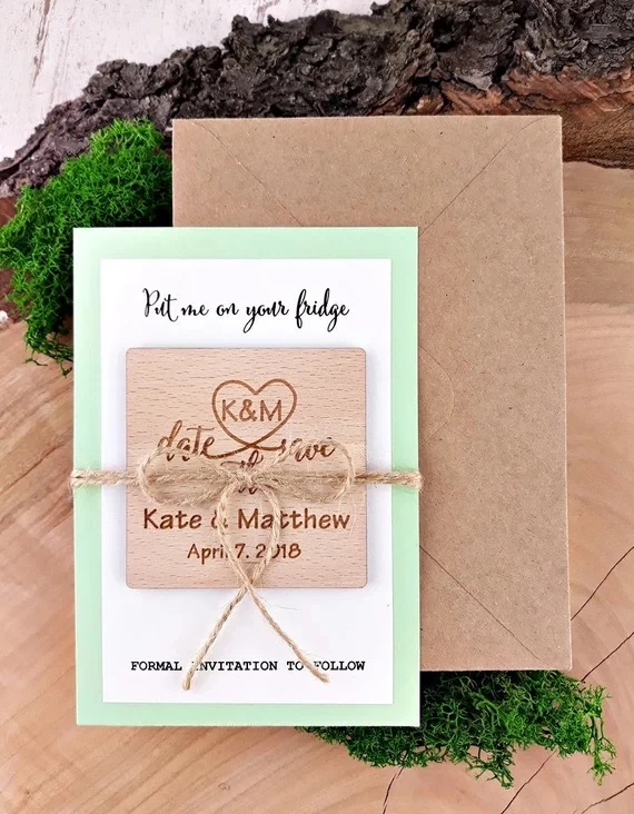 personalize names date engraved Wooden Card save the Wedding invitations Magnets Save Date Magnet | Дом и сад