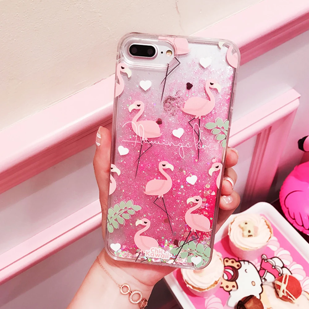 Glitter Dynamic liquid Flamingo Phone Cases For iPhone 6 6s 7 8 Plus Case Silicone Cover X Girly Coque Capa |