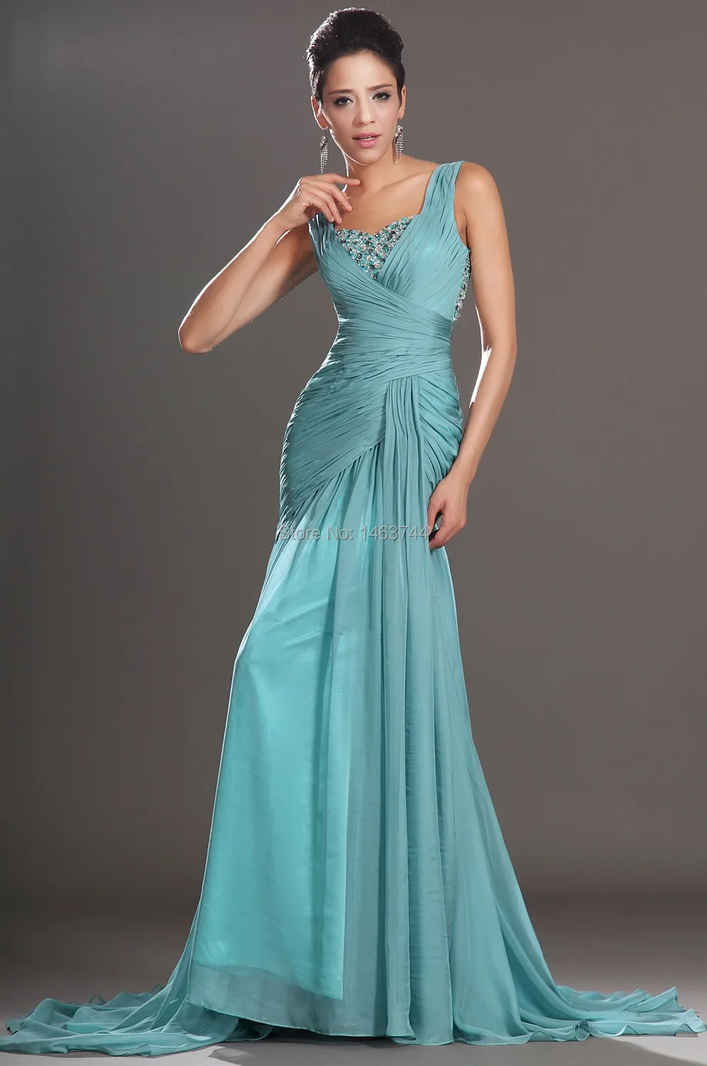 New A Line Sweetheart Crystal Sexy Backless Green Ruched Long Formal Evening Dresses Prom Gown With Court Train | Свадьбы и