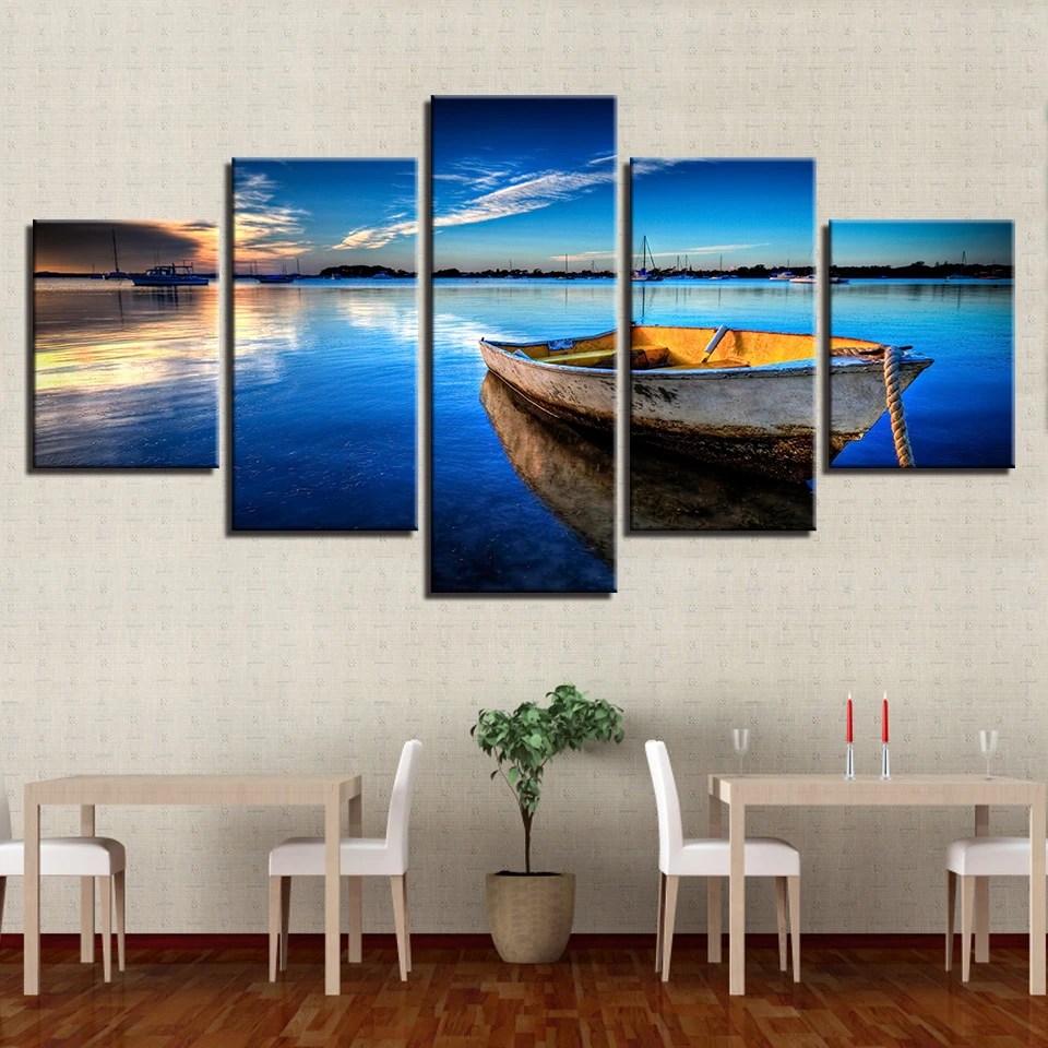 

Canvas Pictures Modular Frame 5 Pieces Blue Sky White Cloud Ship River Scenery Painting Poster Living Room Wall Art Decor Prints