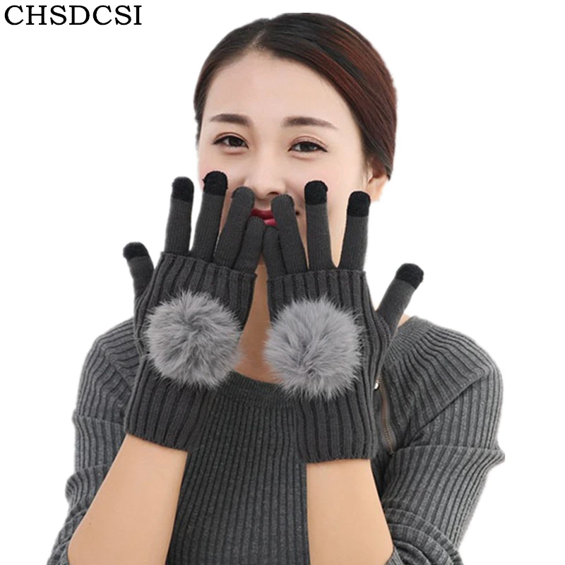 

CHSDCSI Women Warm Pompoms Fur Ball Fingerless Glove Fashion Winter Gloves Touchscreen Wrist Mittens Knit Wool