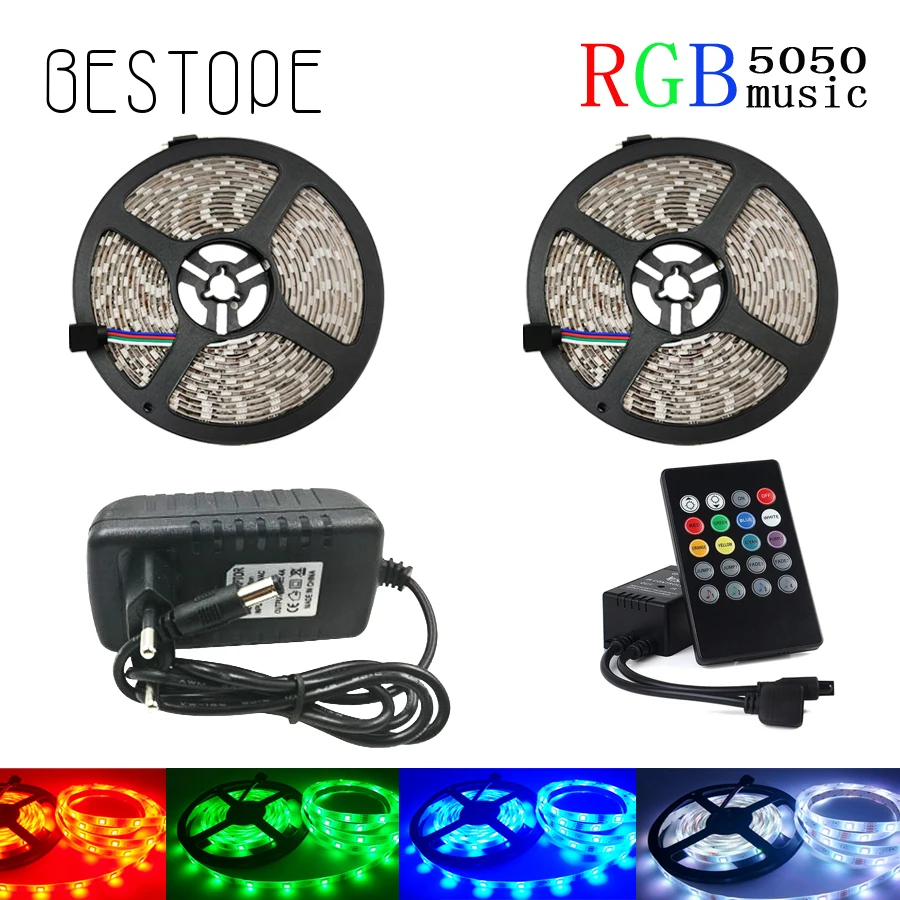 

BESTOPE 10M 5050 RGB LED Strip Waterproof DC 12V 5M RGB LED Strips Light Flexible with 3A Power and music Remote Control SET