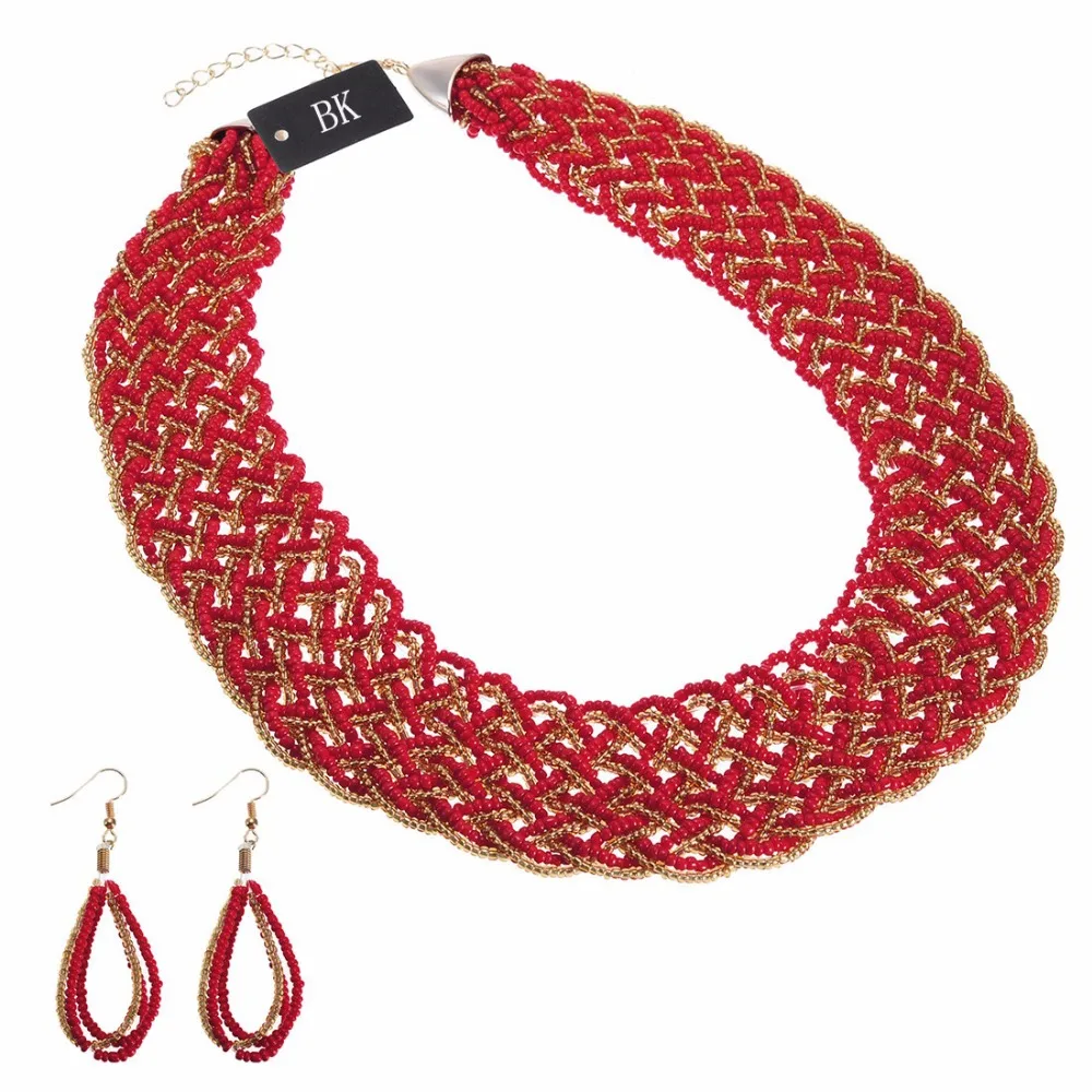 

BK Many Colors Fashion Gold Chain Resin Seed Beads Choker Chunky Pendant Bib Necklace Earrings