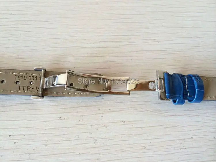 

16mm (Buckle14mm) T055217A High Quality Silver Butterfly Buckle + Blue Genuine Leather Watch Bands Strap