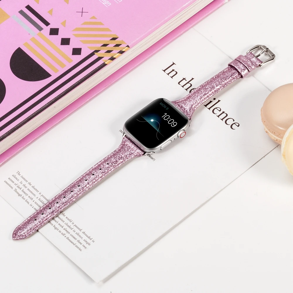 Тонкий блестящий кожаный ремешок для Apple Watch, 40 мм, 44 мм, для женщин, для iWatch, тонкий браслет, блестящий ремешок для серий 4, 3, 2, 1 издание