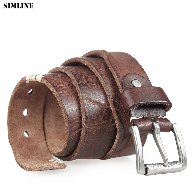 SIMLINE 100% Genuine Leather Men Belt Men's Vintage Casual Cowhide Pin Buckle Strap Belts For Jeans Waistband Gift Man Male