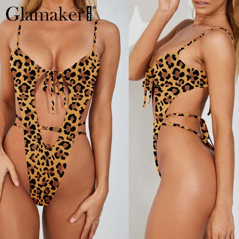 Женское Бандажное боди с леопардовым принтом Glamaker цельное открытой спиной лето