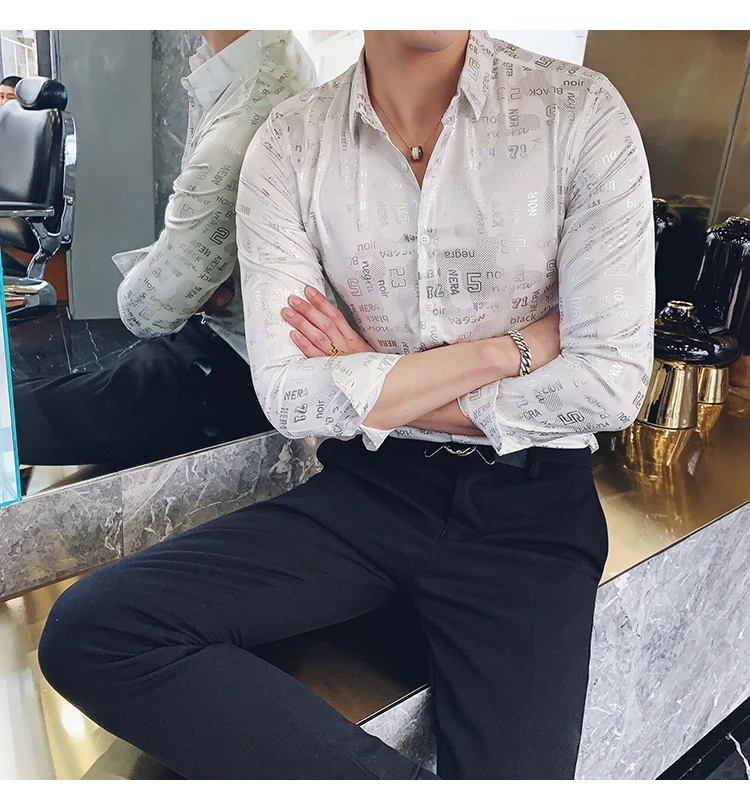 Camisa Social, приталенные, серебристые, золотые, с принтом, рубашки, Camisa MasculinaRopa De Hombre, повседневные рубашки, мужские Клубные рубашки, дизайнерские