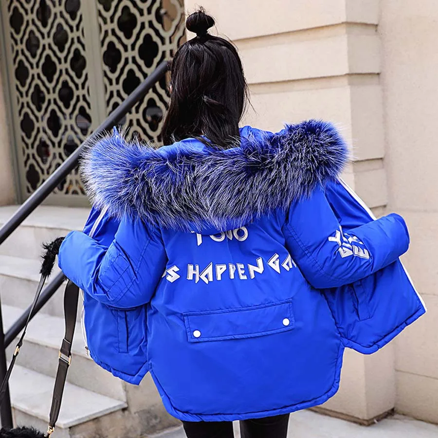 Blue Модная одежда зимняя куртка женская хлопка-проложенный толстый теплый меховой воротник с капюшоном куртки женские зимние парка женская верхняя пальто женское большие размеры одежда - Цвет: Blue