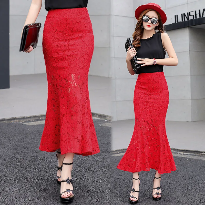 

Free Shipping 2021 New High Waist Long Maxi Lace Flower Skirts For Women Plus Size S-2XL Mermaid Style Skirts Spring And Summer